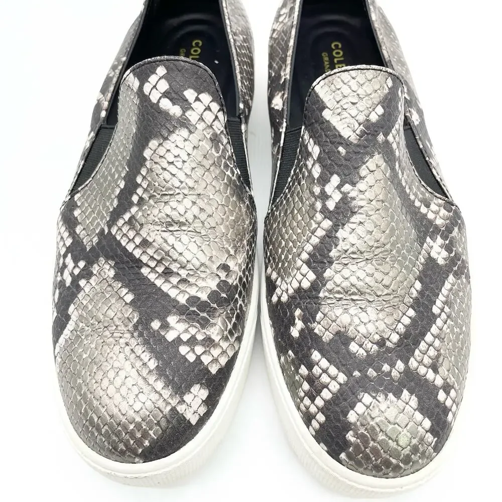 Cole Haan Grand Series Womens 10‎ Snakeskin Print Sneaker Black Gray Slip On